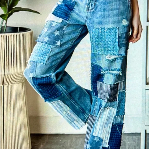 Oli & Hali Blue Straight Leg Jeans with Distinctive Patchwork - Picture 3 of 7